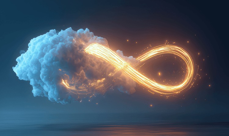 A stylized graphic of the infinite symbol burning through a cloud