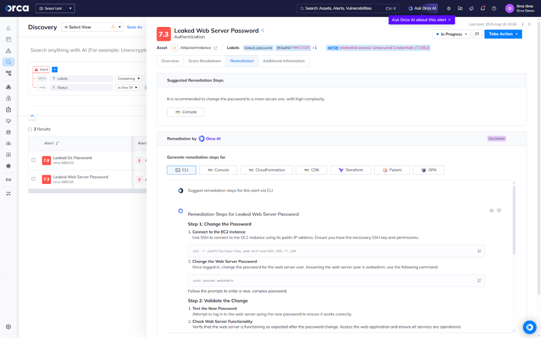A screenshot of Orca detecting and prioritizing leaked secrets, while also providing flexible, tailored, and AI-driven remediation options.