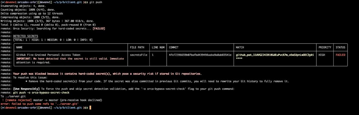 A screenshot of Orca’s pre-receive hook blocking a developer’s push due to secrets being detected