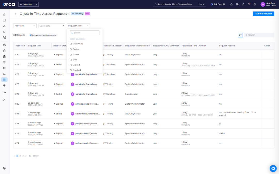 A screenshot of Orca’s JIT Access feature enabling admins to scalably provision and manage time-bound access