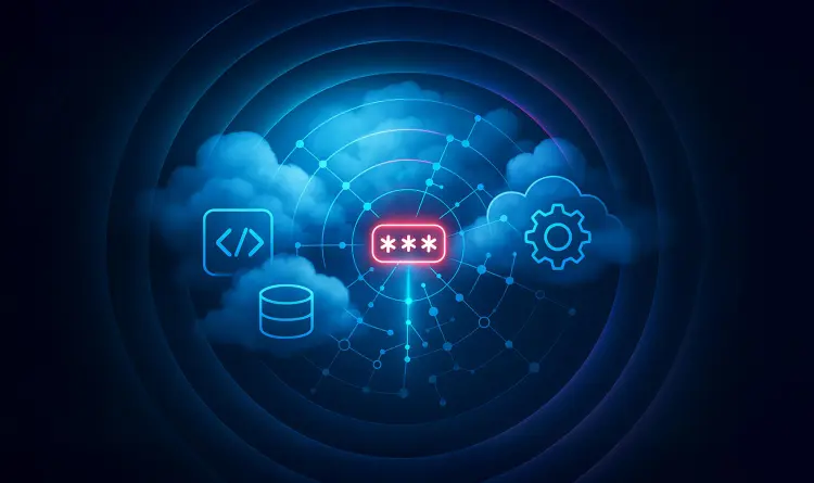 A stylized graphic showing dark clouds containing code, databases, and configurations within a sonar