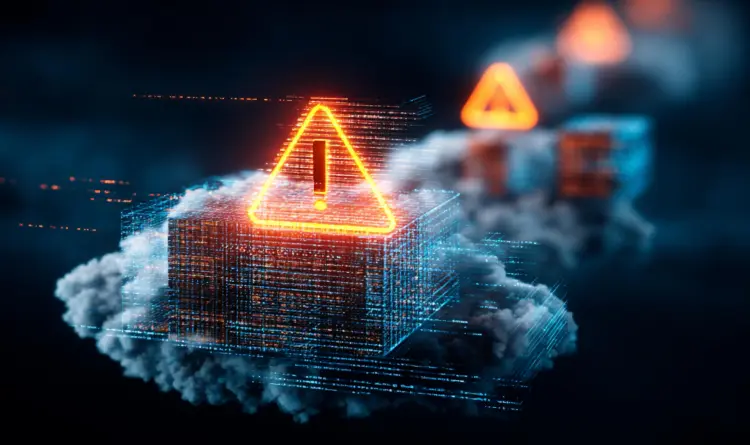 A stylized graphic of a digitized cloud with an alert symbol on top of it
