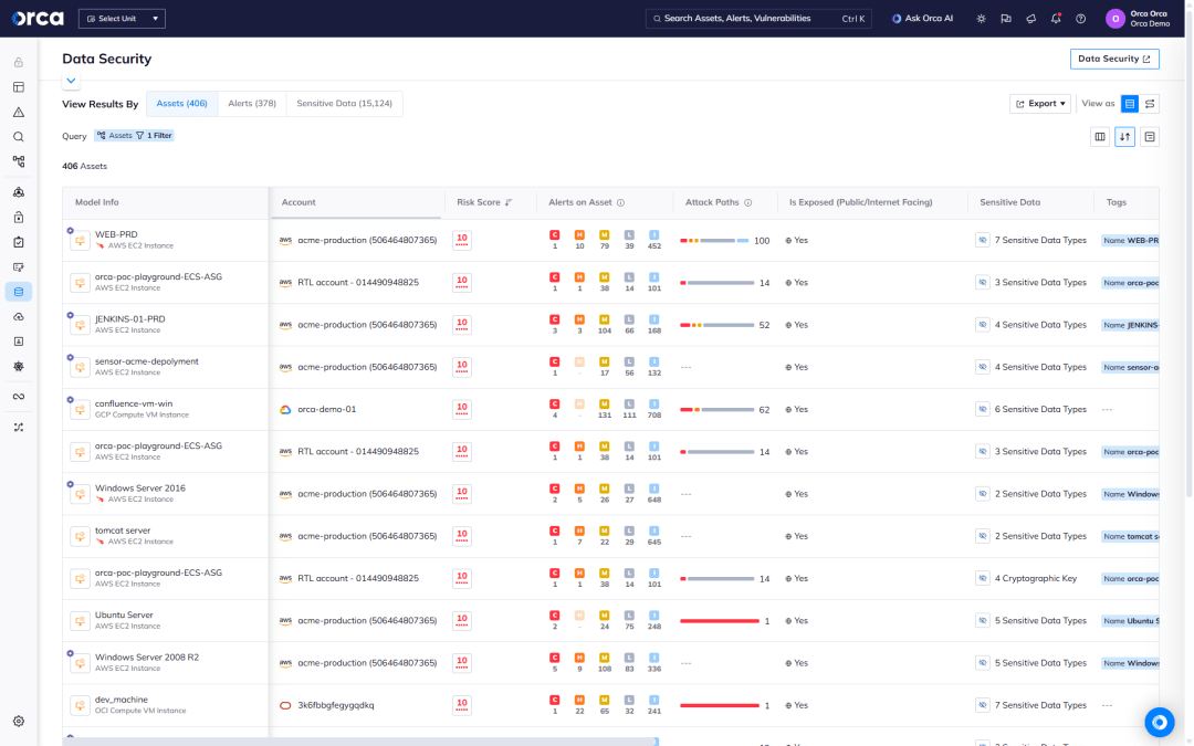 A screenshot of Orca Security's Discovery dashboard featuring all entities results