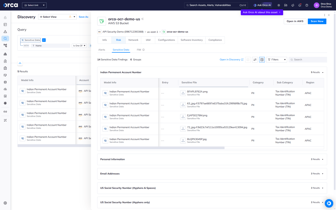 A screenshot of the Orca platform showing an asset containing sensitive data