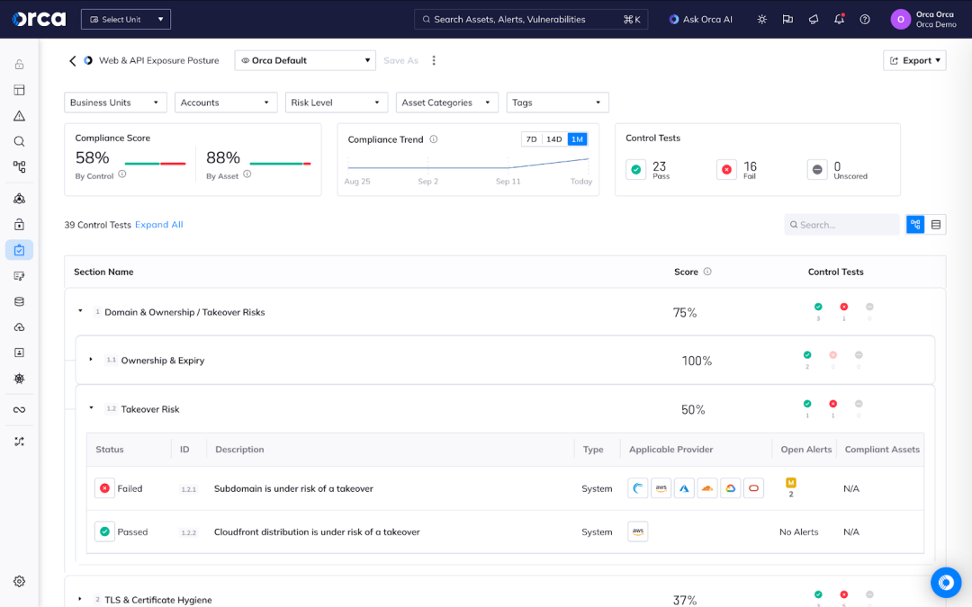 A screenshot of the Web & API Exposure Posture Compliance Framework in the Orca Platform