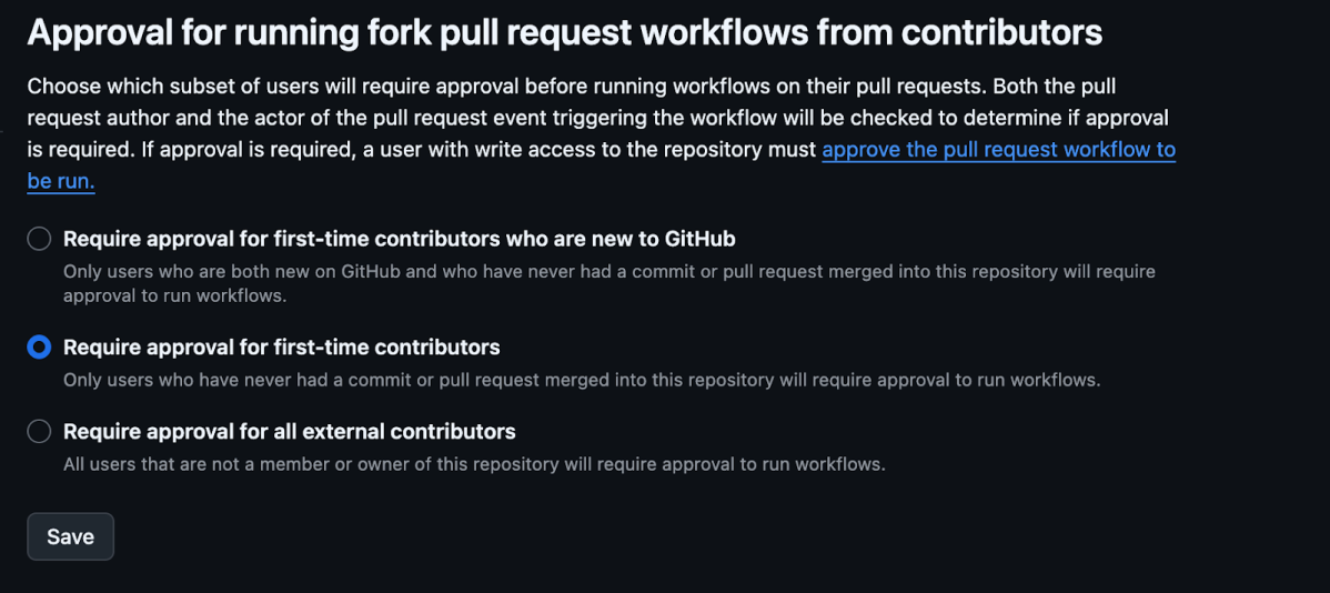 A screenshot of the GitHub default approval policy within the GitHub Actions repository settings