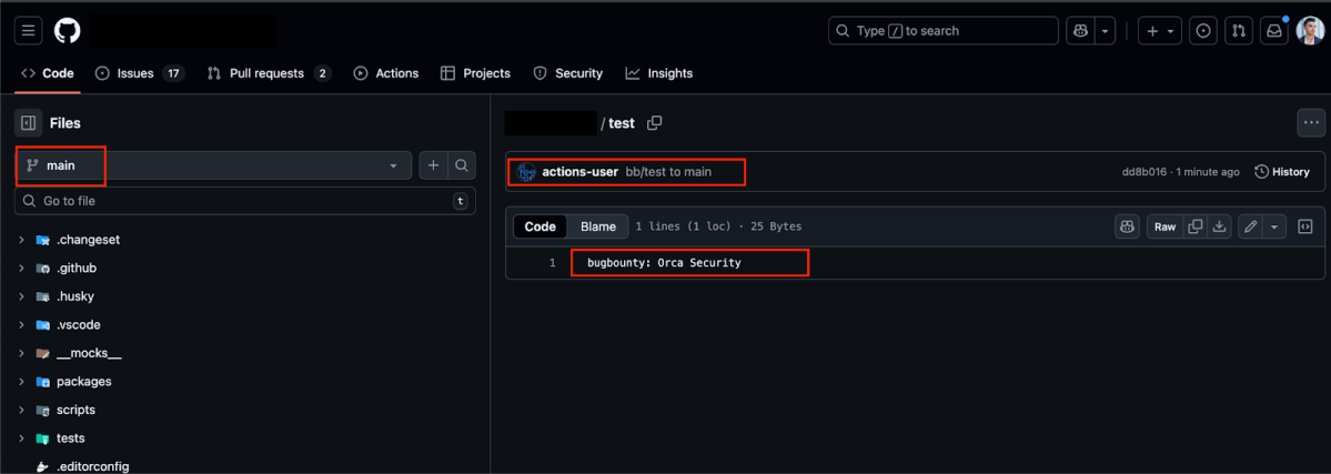 A screenshot showing how to write to main via an exploited GitHub Actions runner
