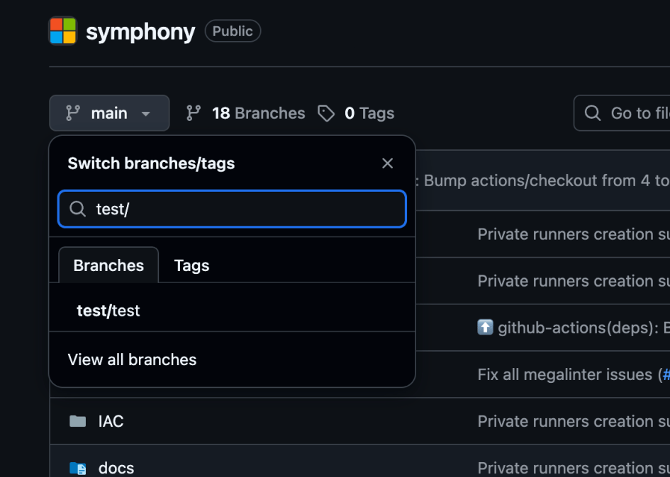 A screenshot of the GitHub branch we had managed to push to Microsoft/symphony