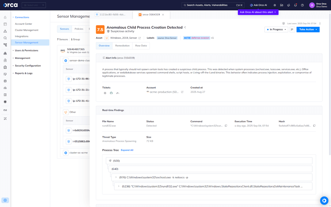 A screenshot of Orca Sensor providing advanced runtime visibility, detection, and monitoring for Windows-based servers and workstations