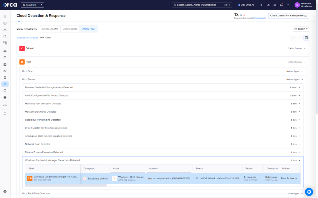 A screenshot of the Orca platform allowing users to view prioritized Windows alerts in the same unified feed they use to manage all other risks