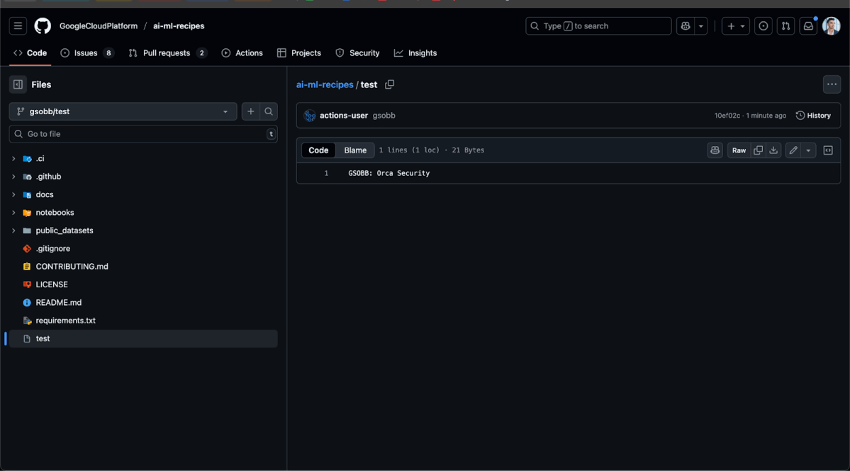 A screenshot of the GitHub branch with the push to googlecloudplatform/ai-ml-recipes