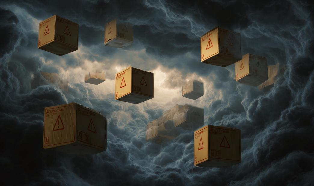A stylized graphic of floating packages in a dark cloud background