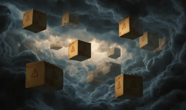 A stylized graphic of floating packages in a dark cloud background