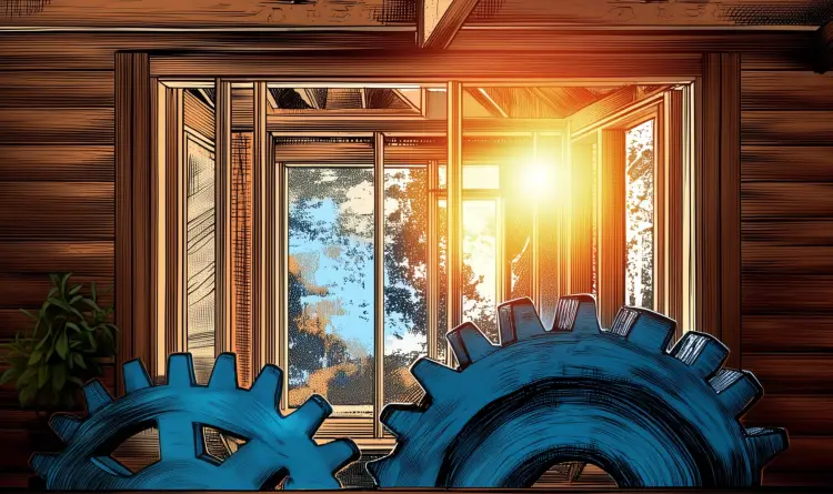 A stylized graphic of gears within the framework of a house