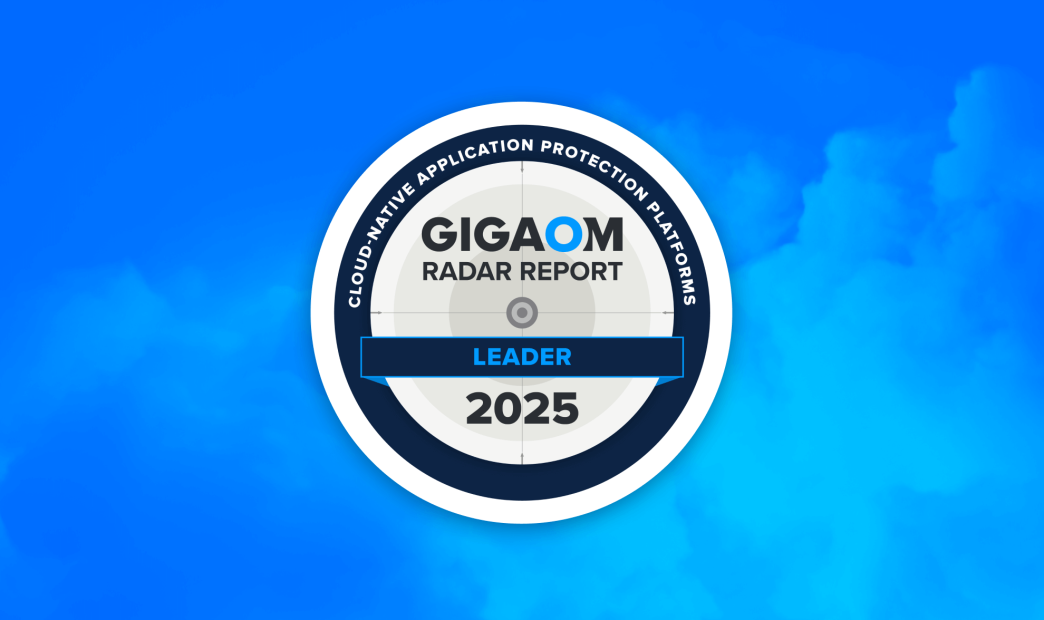 A graphic showing the GigaOM Radar Report logo for a CNAPP leader in 2025 on top of a cloud background