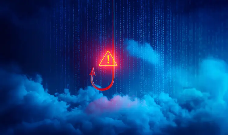 A stylized graphic of a fishing hook diving into digitized clouds with an alert icon behind it