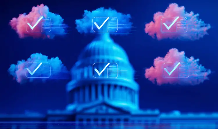 A stylized graphic showing a government building surrounded by clouds with checkmarks superimposed on it