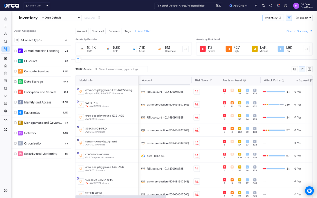 A screenshot of assets sorted by risk score in the Orca Platform