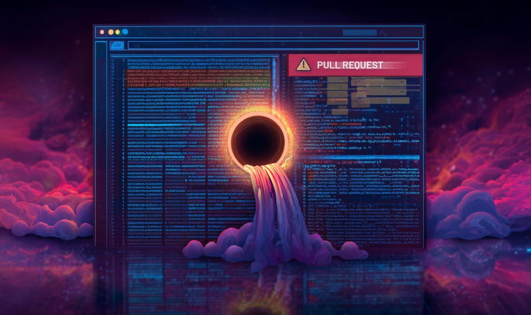 A stylized graphic of a pull request from GitHub with a hole in it and data leaking out