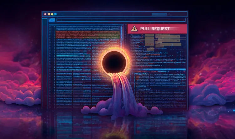 A stylized graphic of a pull request from GitHub with a hole in it and data leaking out
