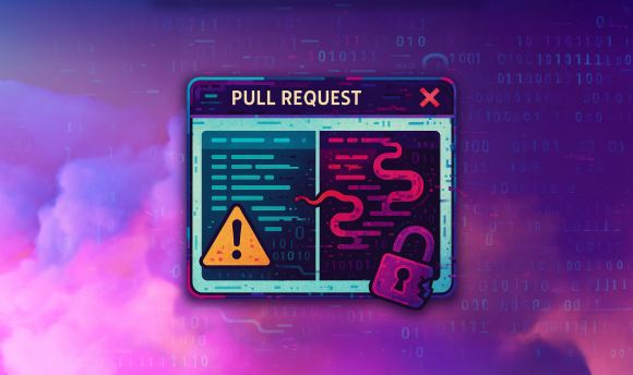 A stylized graphic showing a pull request window with malicious code