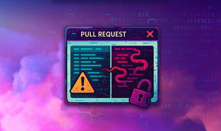 A stylized graphic showing a pull request window with malicious code