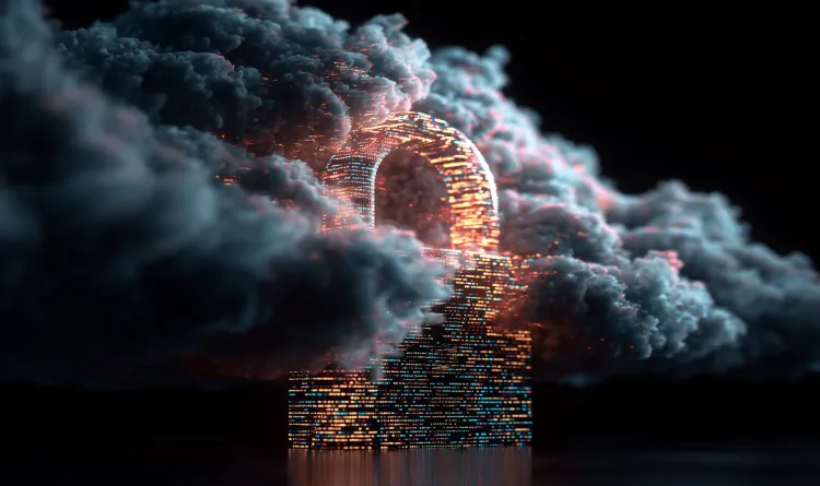 A stylized graphic of a dark cloud with a digitized lock on top of it