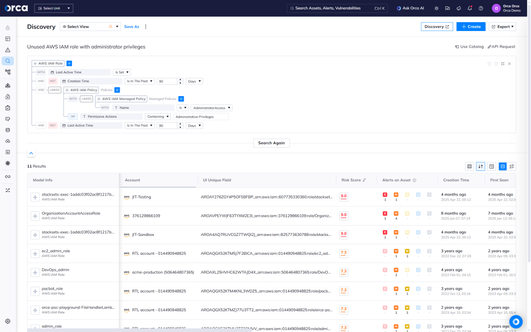 A screenshot of an advanced query that can be performed in the Orca Security platform