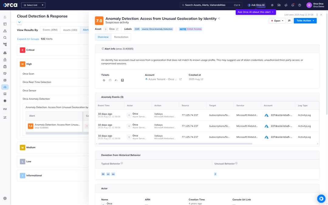 A screenshot of the Orca platform alerting users of access to an asset from an unusual geolocation