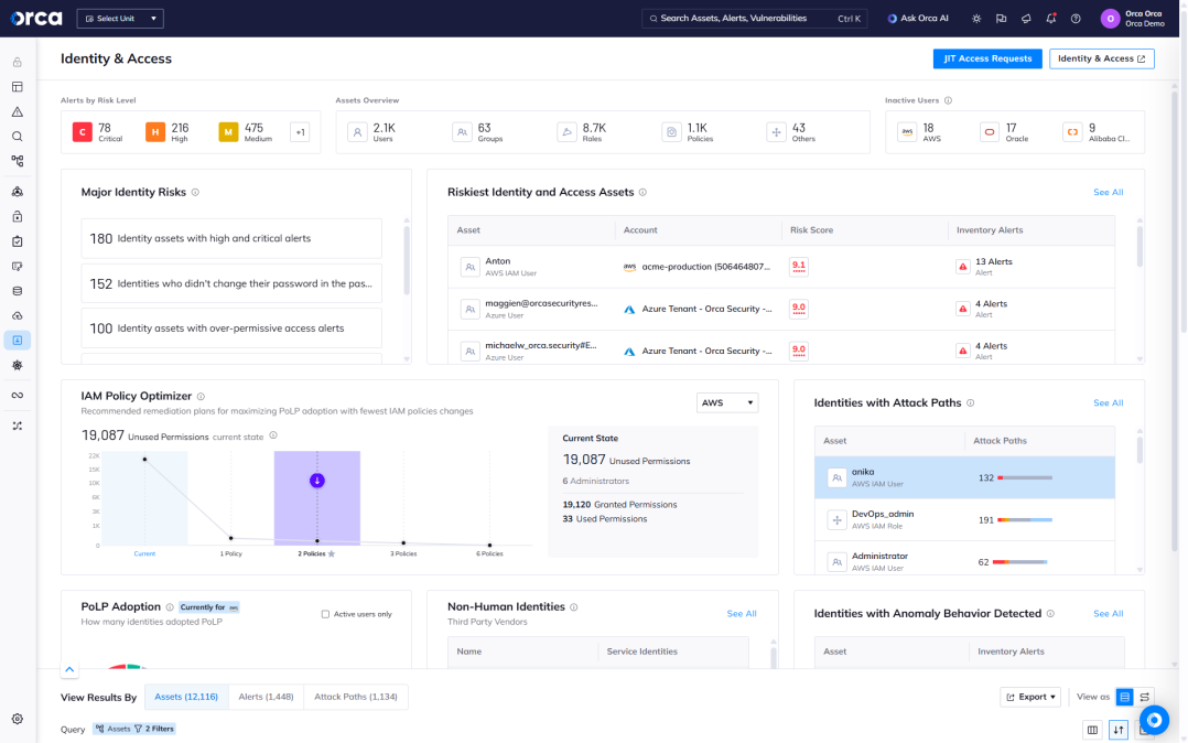 A screenshot of the Orca platform's Identity and Access dashboard