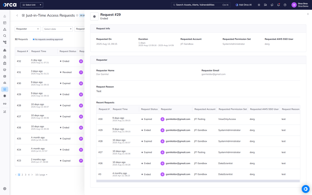 A screenshot of the Orca platform surfacing Just-in-Time access requests