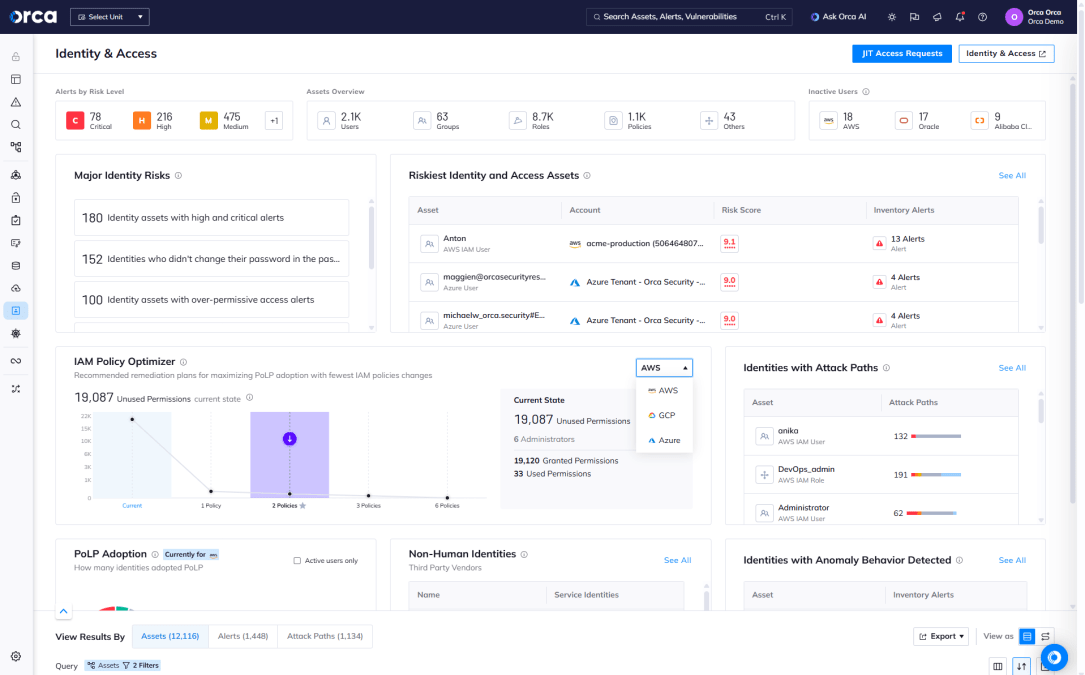 A screenshot of the Orca platform providing insight into how to optimize the IAM policy
