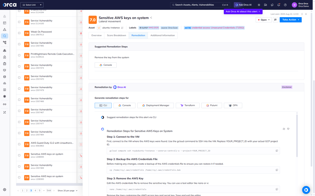 A screenshot of the Orca platform detecting a sensitive key discovered on an AWS cloud asset