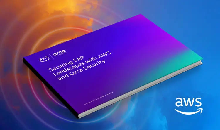 A stylized graphic of the joint eBook detailing how to secure SAP migrations published by Orca Security and AWS