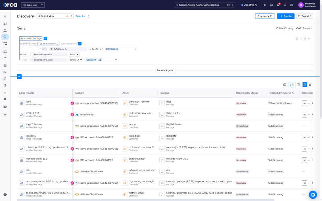 A screenshot of the Orca platform displaying reachability analysis next to exploits