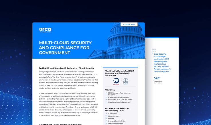 A stylized graphic of the Orca Security solution brief for Multi-Cloud Security and Compliance for Government