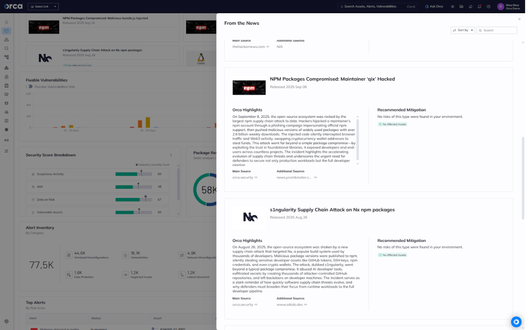 A screenshot of details about ‘qix’ and ‘s1ngularity1’ featured in the Orca Cloud Security Platform