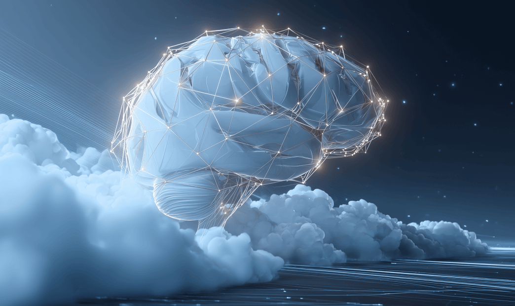A stylized graphic of a digitized brain floating in clouds