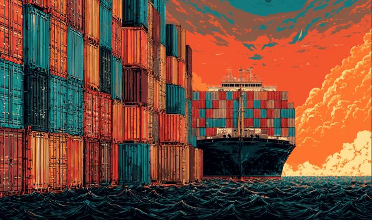 A stylized graphic of a boat moving a large amount of shipping containers