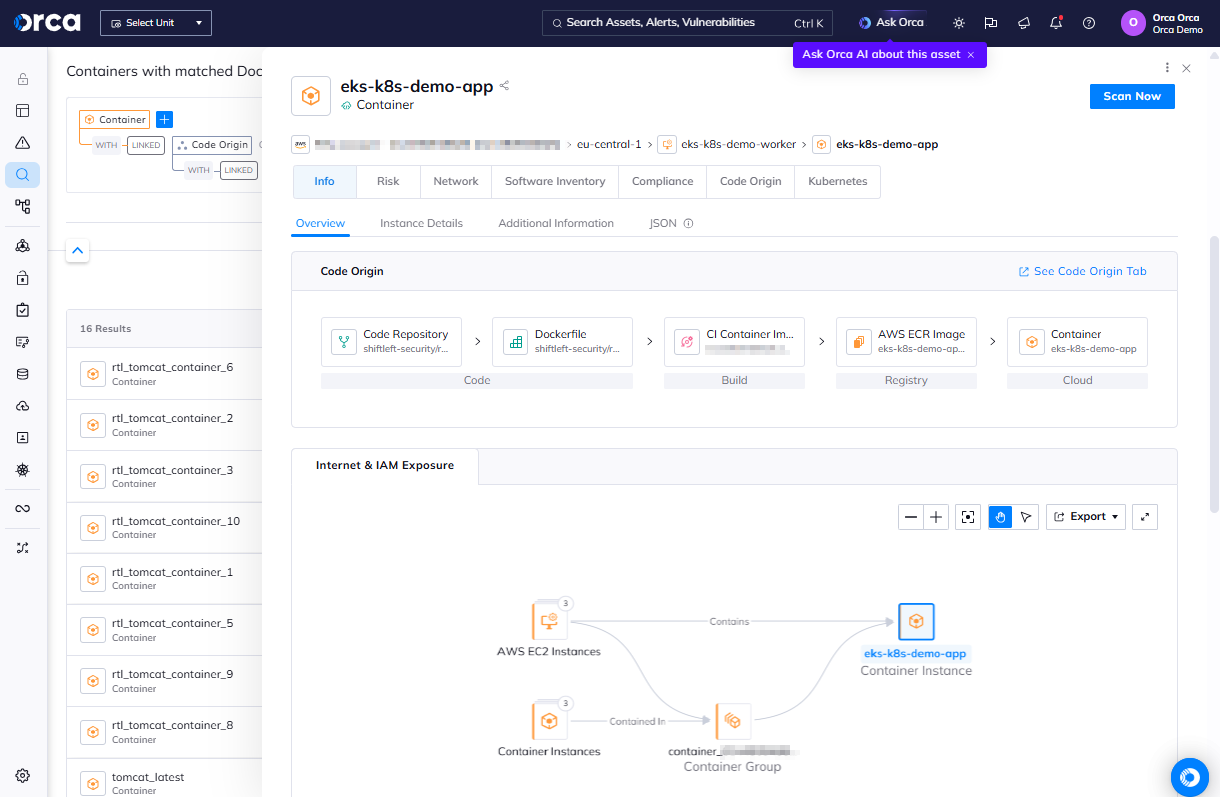 A screenshot of a running container traced to Dockerfile in the Orca platform