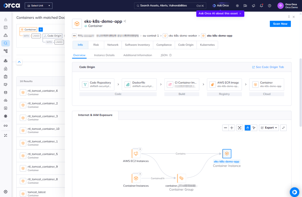 A screenshot of a running container traced to Dockerfile in the Orca platform