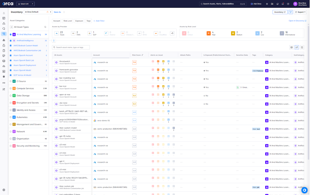 A screenshot of the Orca Platform providing a comprehensive inventory of AI services, applications, and models across multi-cloud environments