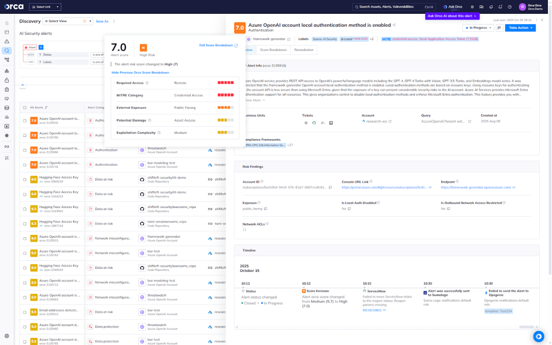 A screenshot of the Orca platform analyzing AI Security risks holistically in the context of your environment and provides AI-driven remediation that integrate directly with your ticketing systems