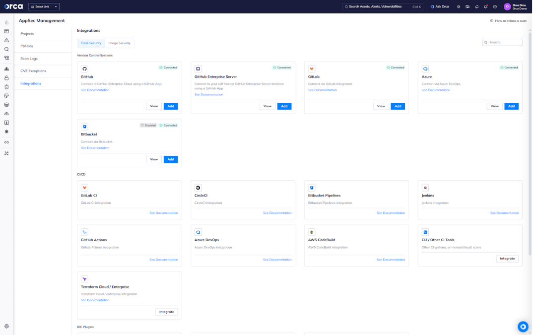 A screenshot of the Orca Platform providing a library of deep integrations with leading SCMs, IDEs, and CI/CD tools.