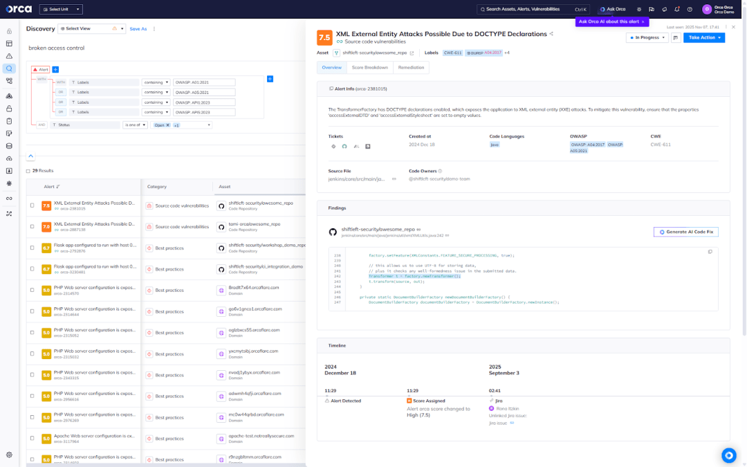 A screenshot of prioritized alerts in the Orca Platform, which is aligned with OWASP Top 10 framework