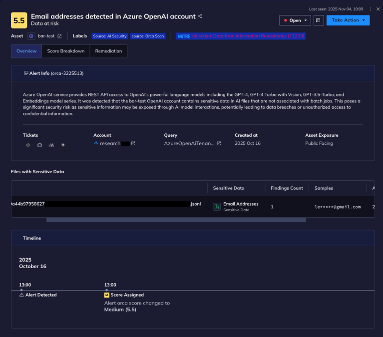 A screenshot of an Orca Platform alert for sensitive data found in Azure OpenAI training data set