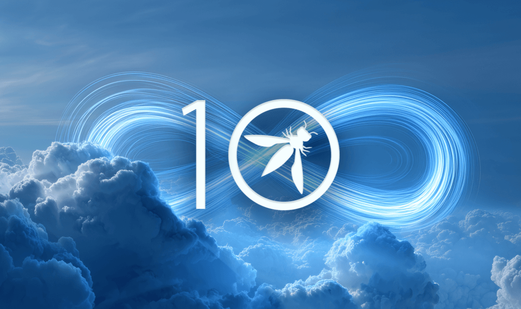 An illustration of clouds with the number 10 superimposed with a wasp symbol